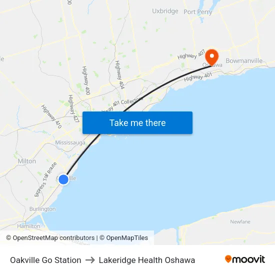 Oakville Go Station to Lakeridge Health Oshawa map