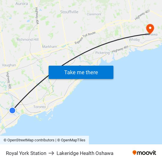 Royal York Station to Lakeridge Health Oshawa map