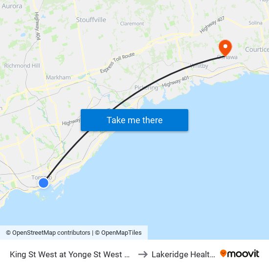 King St West at Yonge St West Side - King Station to Lakeridge Health Oshawa map
