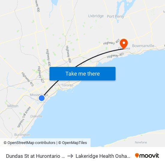 Dundas St at Hurontario St to Lakeridge Health Oshawa map