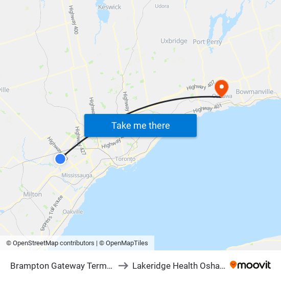 Brampton Gateway Terminal to Lakeridge Health Oshawa map
