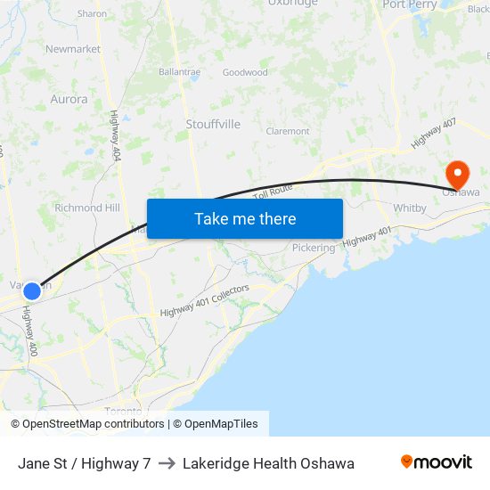 Jane St / Highway 7 to Lakeridge Health Oshawa map