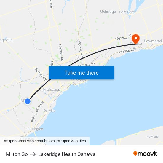 Milton Go to Lakeridge Health Oshawa map