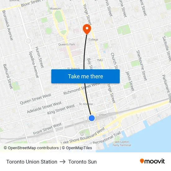 Toronto Union Station to Toronto Sun map