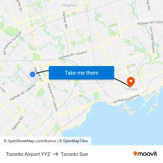 Toronto Airport YYZ to Toronto Sun map