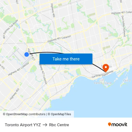 Toronto Airport YYZ to Rbc Centre map