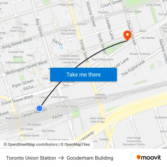Toronto Union Station to Gooderham Building map
