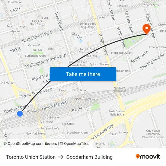 Toronto Union Station to Gooderham Building map