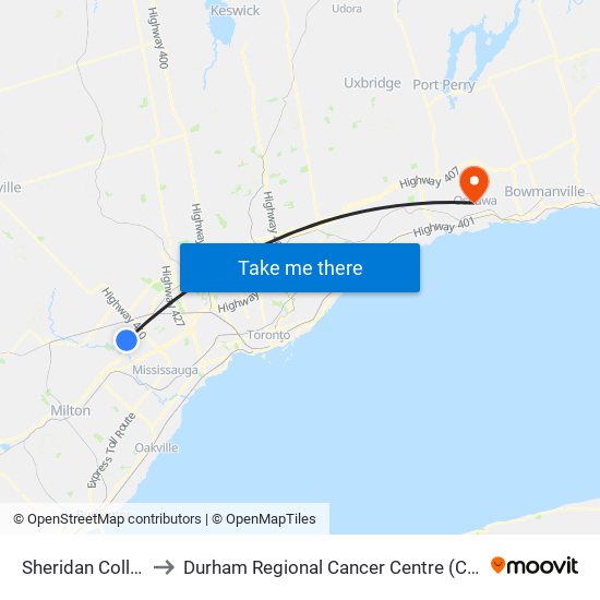 Sheridan College to Durham Regional Cancer Centre (C Wing) map