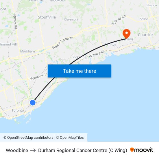 Woodbine to Durham Regional Cancer Centre (C Wing) map