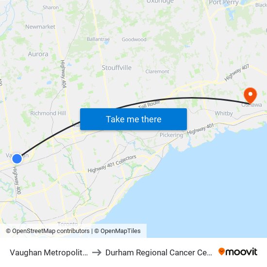 Vaughan Metropolitan Centre to Durham Regional Cancer Centre (C Wing) map