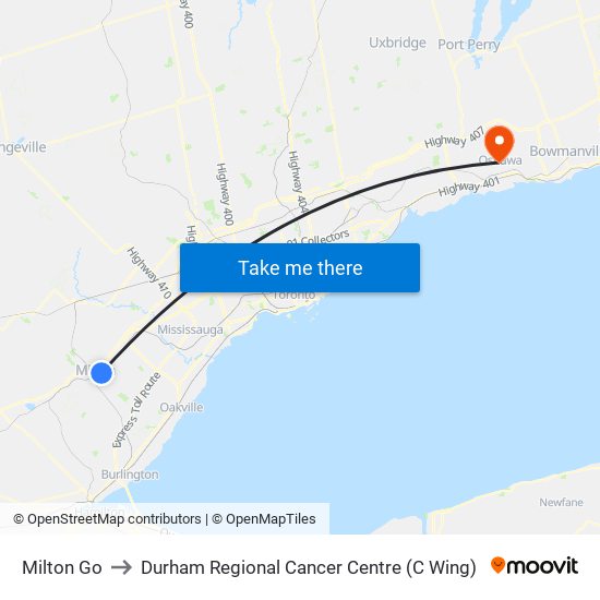 Milton Go to Durham Regional Cancer Centre (C Wing) map