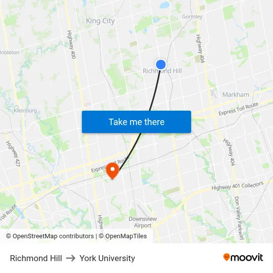 Richmond Hill to York University map