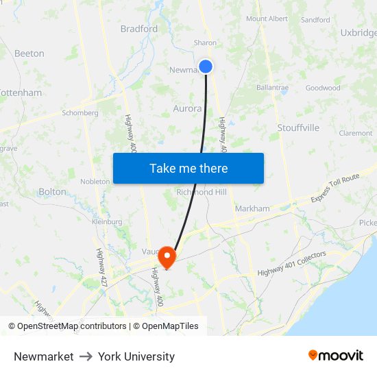 Newmarket to York University map