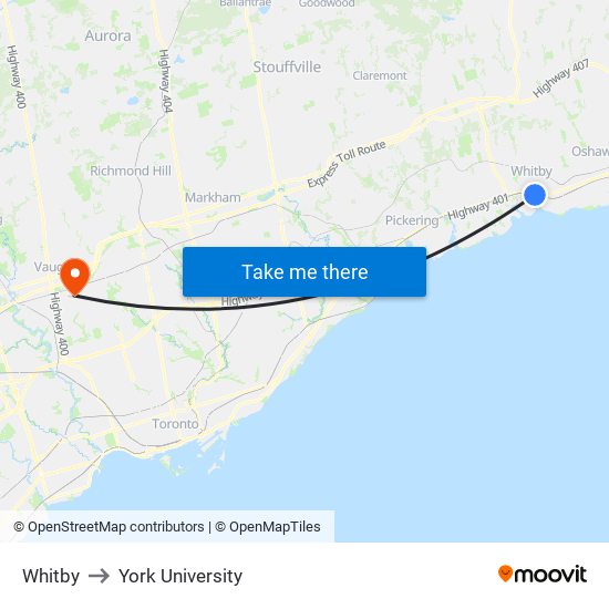 Whitby to York University map