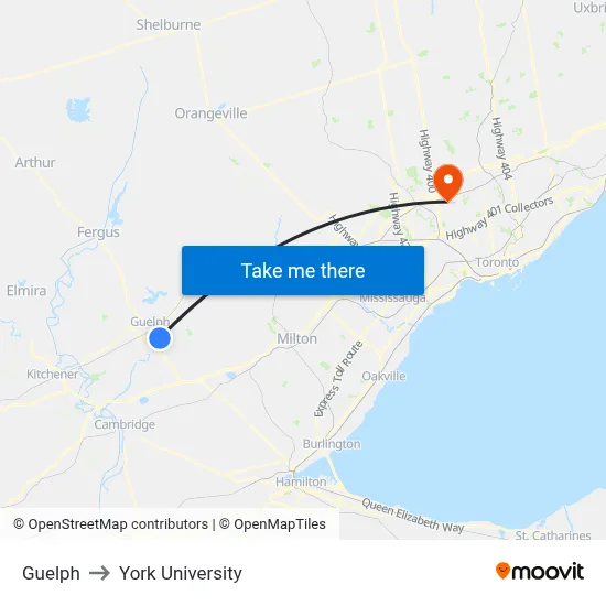 Guelph to York University map