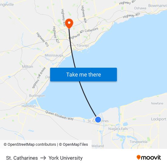 St. Catharines to York University map