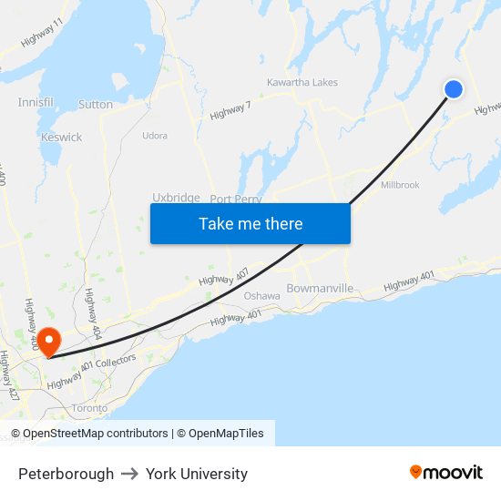 Peterborough to York University map