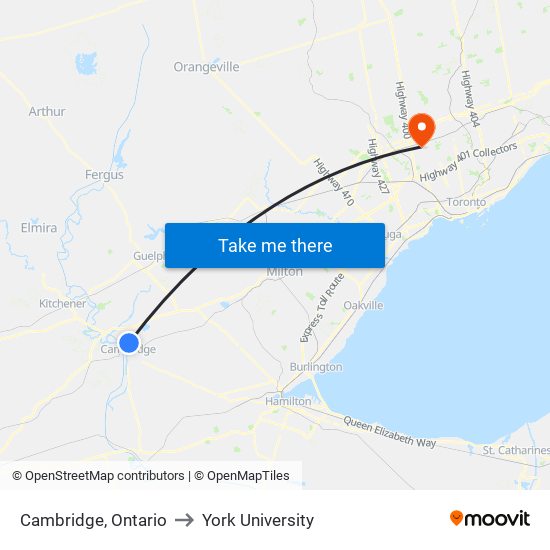 Cambridge, Ontario to York University map