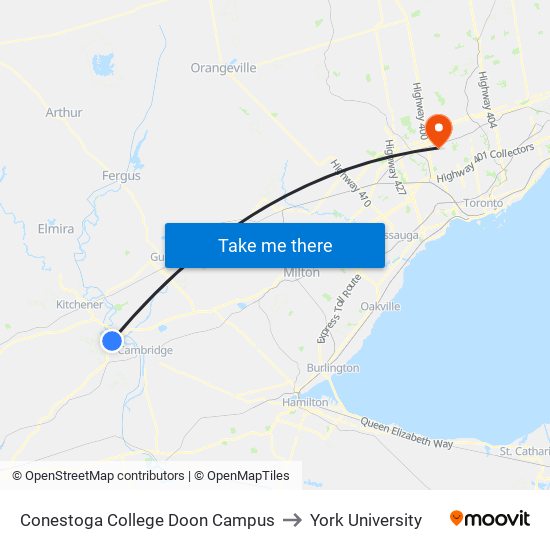 Conestoga College Doon Campus to York University map