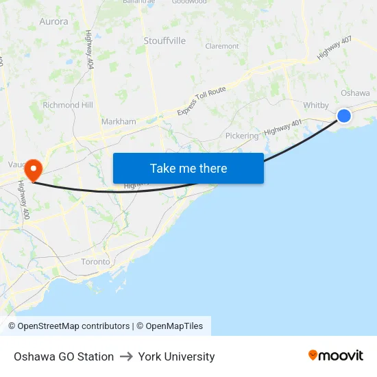 Oshawa GO Station to York University map