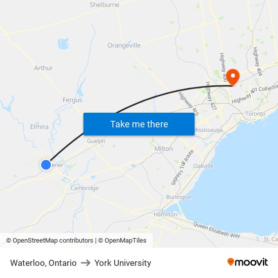 Waterloo, Ontario to York University map
