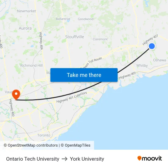 Ontario Tech University to York University map