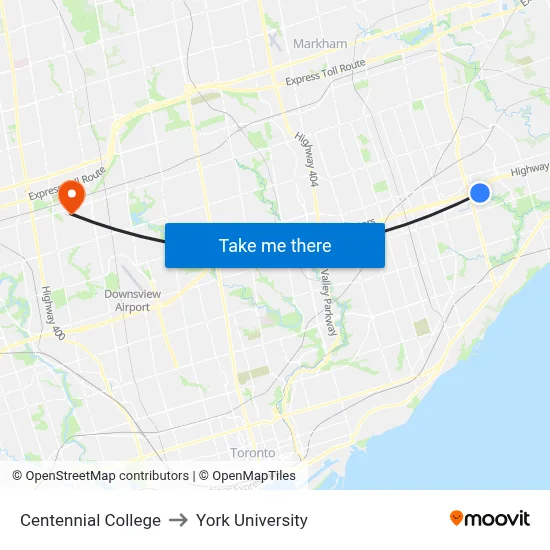 Centennial College to York University map
