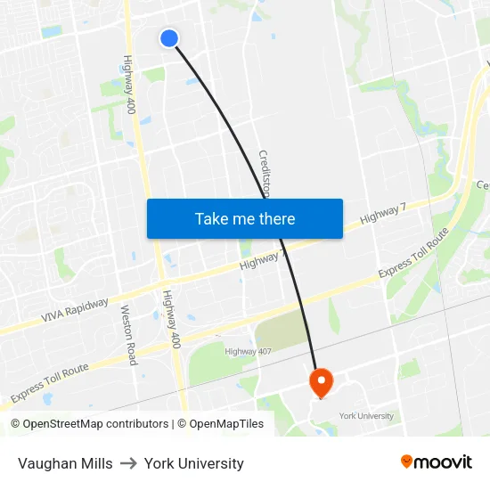 Vaughan Mills to York University map