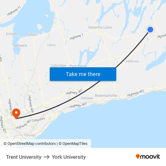 Trent University to York University map