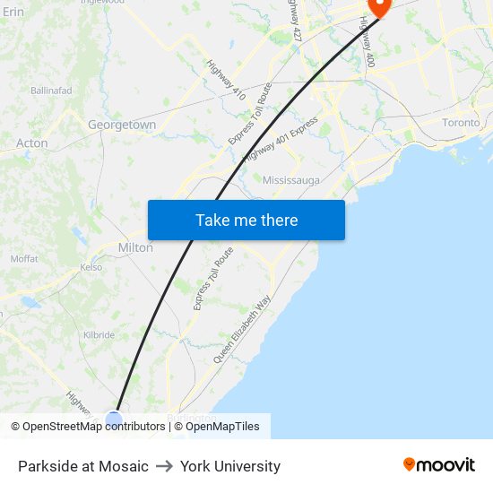 Parkside at Mosaic to York University map