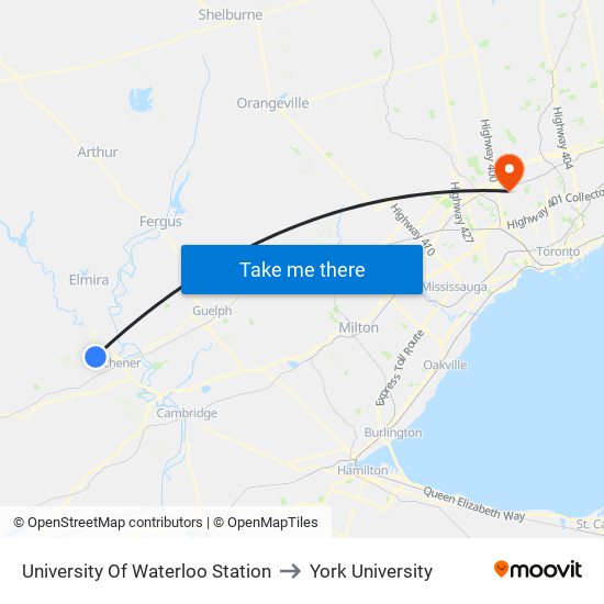 University Of Waterloo Station to York University map