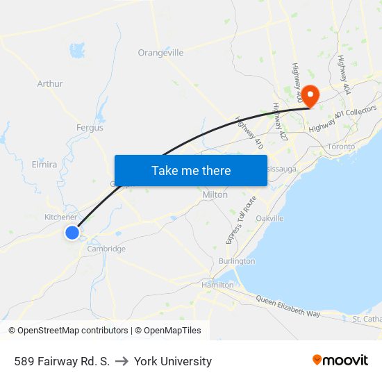 589 Fairway Rd. S. to York University map