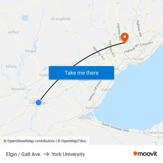 Elgin / Galt Ave. to York University map