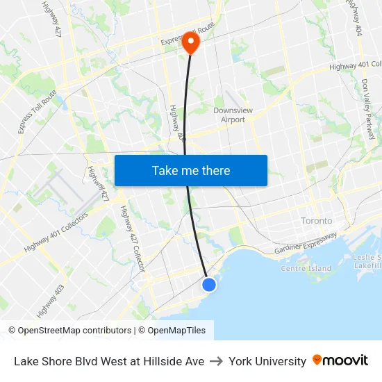 Lake Shore Blvd West at Hillside Ave to York University map