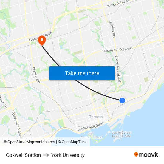 Coxwell Station to York University map