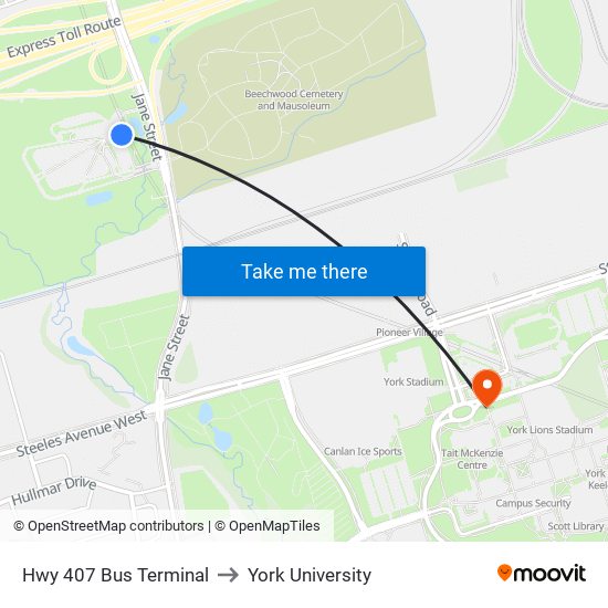 Hwy 407 Bus Terminal to York University map