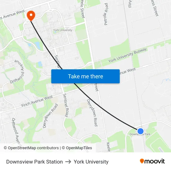 Downsview Park Station to York University map