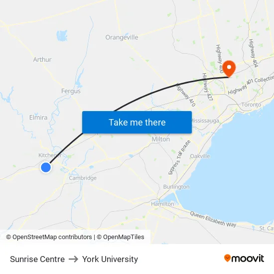 Sunrise Centre to York University map