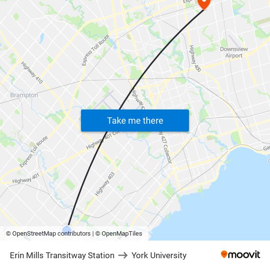 Erin Mills Transitway Station to York University map