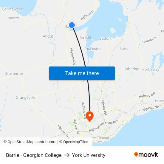 Barrie - Georgian College to York University map