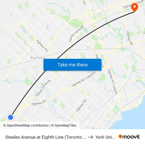 Steeles Avenue at Eighth Line (Toronto Premium Outlets) to York University map