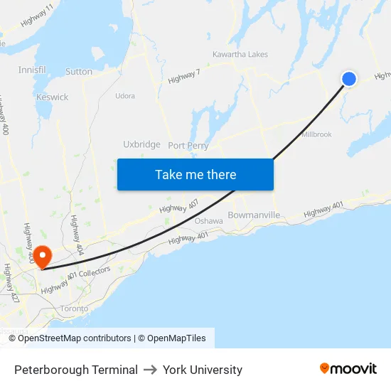 Peterborough Terminal to York University map