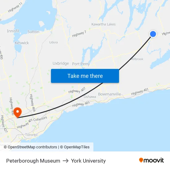 Peterborough Museum to York University map