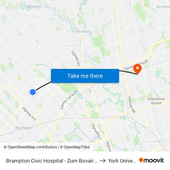 Brampton Civic Hospital - Zum Bovaird Stop Eb to York University map