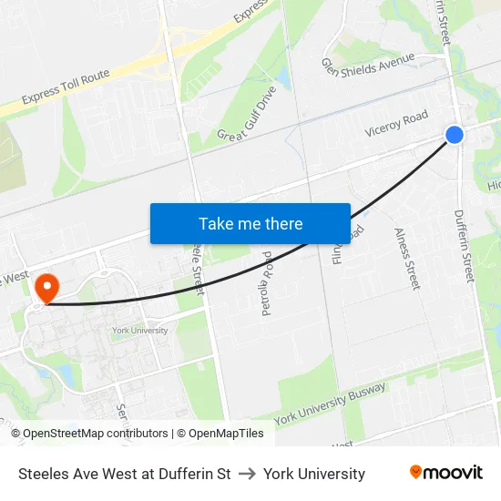Steeles Ave West at Dufferin St to York University map