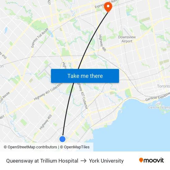 Queensway at Trillium Hospital to York University map