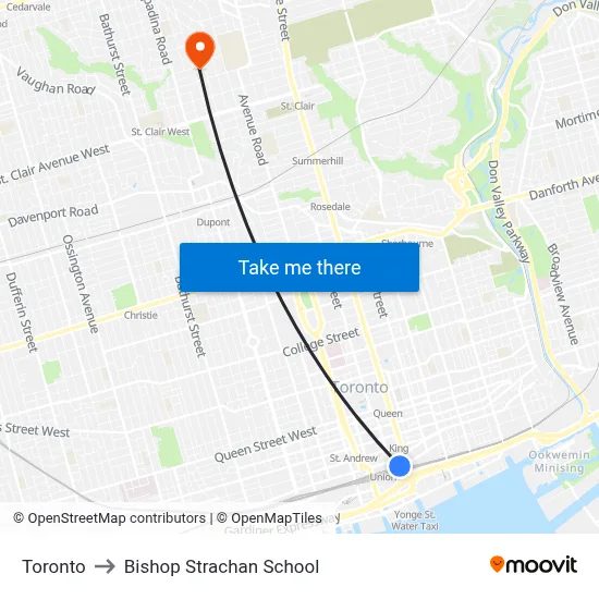 Toronto to Bishop Strachan School map