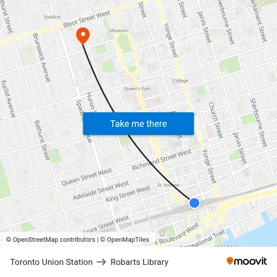 Toronto Union Station to Robarts Library map