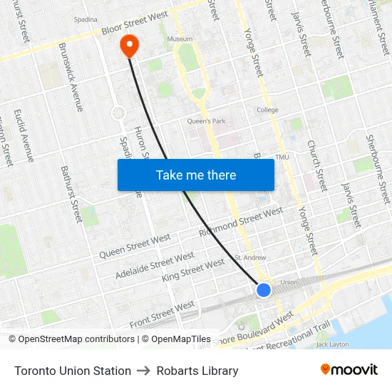 Toronto Union Station to Robarts Library map